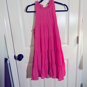 Women’s Hot Pink Ruffle Neck Sleeveless Dress